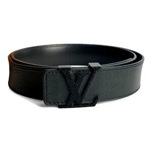 LOUIS VUITTON Black Leather Belt LV Monogram +Box dust bag receipt tag Sz 90/36